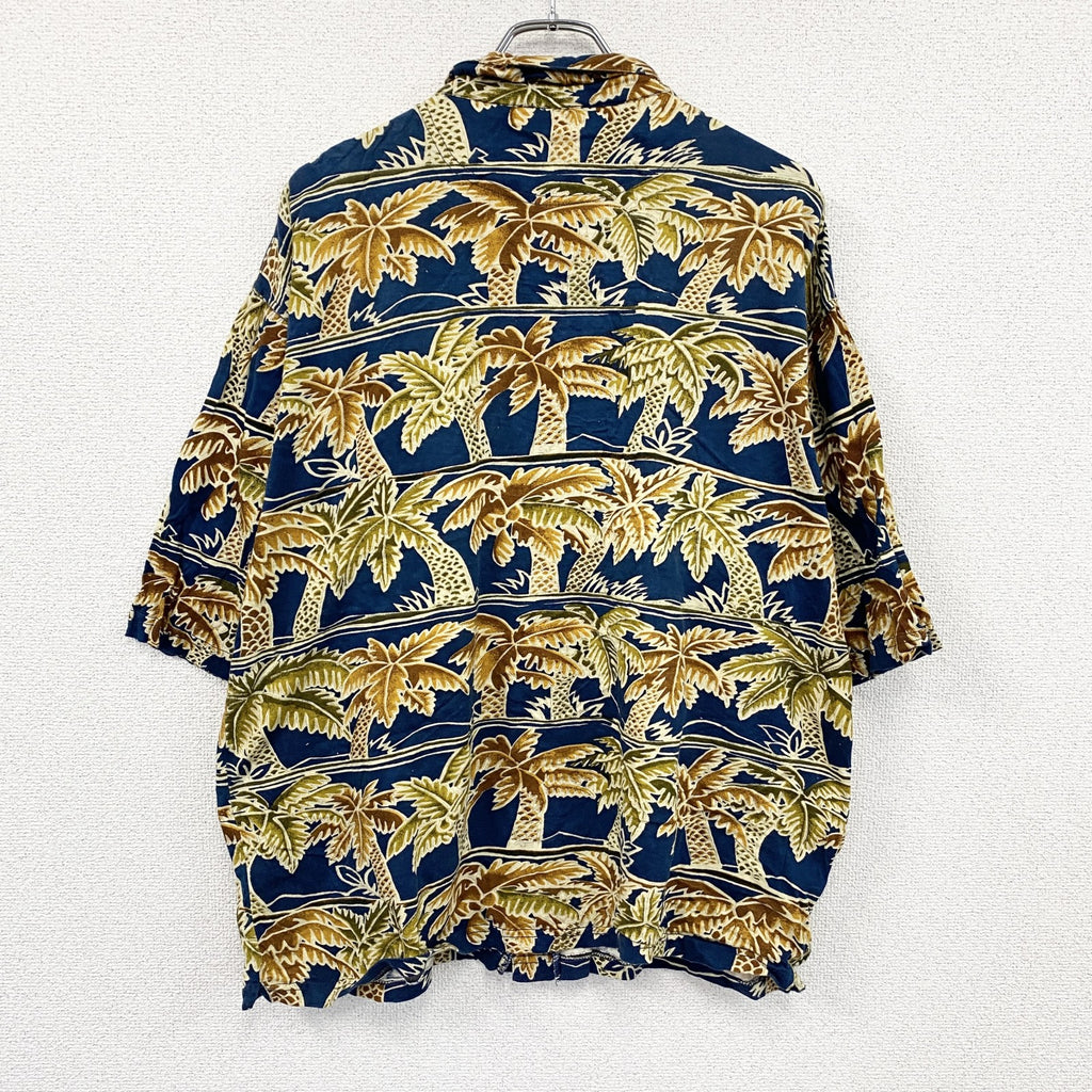 ～90s　Blueprint　ブループリント　半袖シャツ　アロハシャツ　ヤシの木　総柄　紺　ネイビー　Lサイズ　　ヴィンテージ　古着