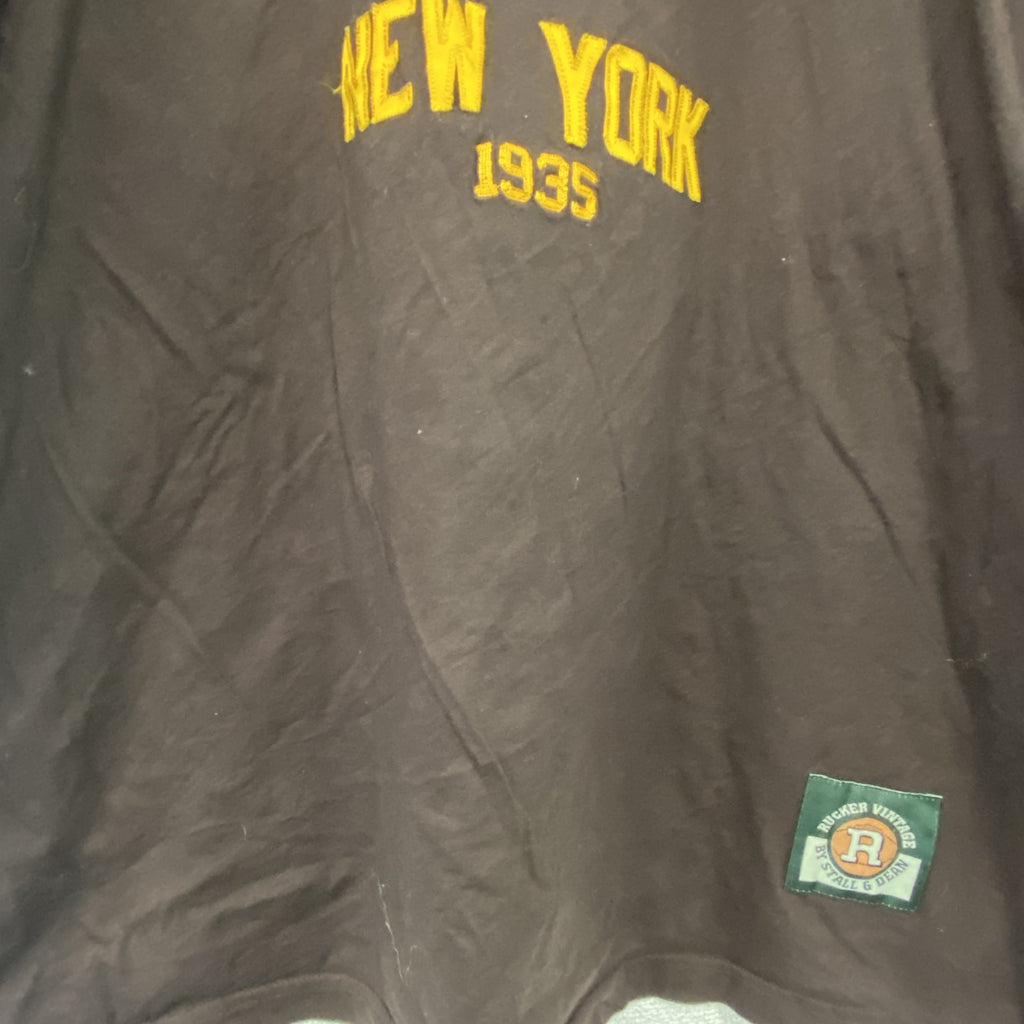 90s～　Stall&Dean　半袖プリントTシャツ　4連プリント　アーチプリント　茶色　ブラウン　イエロー　XLサイズ　　ヴィンテージ　古着