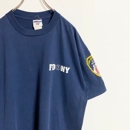 古着 used　JERZEES　半袖プリントTシャツ　クルーネック　FDNY EMS　ネイビー　ビッグシルエット　XLサイズ