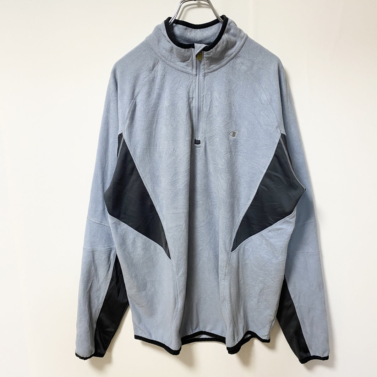 Champion　チャンピオン　ハーフジップフリースジャケット/ボアジャケット　ラグランスリーブ　刺繍ロゴ　水色　ブルー　Lサイズ　古着