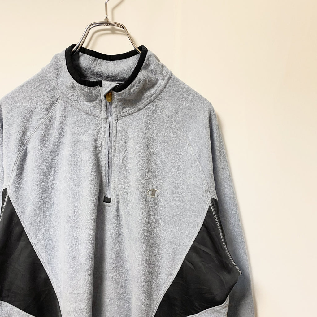 Champion　チャンピオン　ハーフジップフリースジャケット/ボアジャケット　ラグランスリーブ　刺繍ロゴ　水色　ブルー　Lサイズ　古着