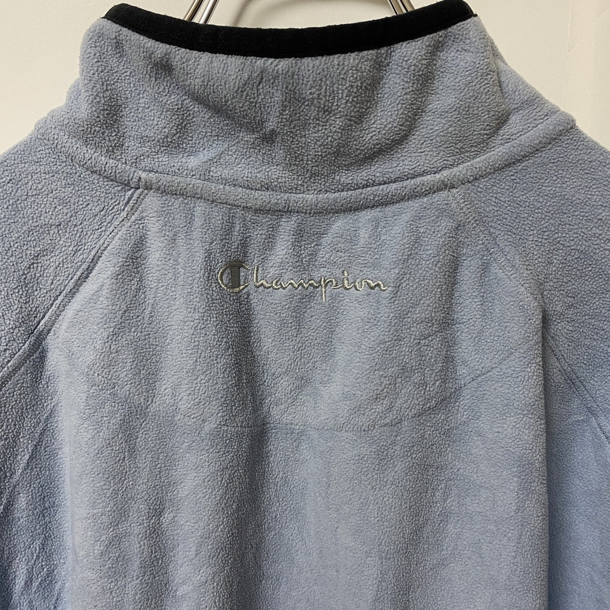 Champion　チャンピオン　ハーフジップフリースジャケット/ボアジャケット　ラグランスリーブ　刺繍ロゴ　水色　ブルー　Lサイズ　古着