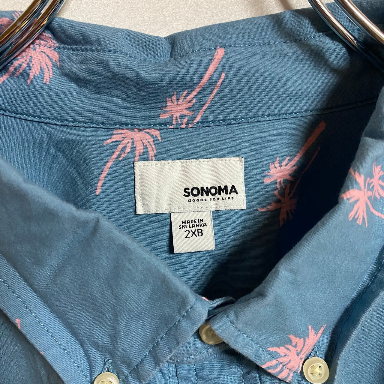 古着 used　SONOMA　半袖総柄デザインシャツ　アロハシャツ　ヤシの木　水色　春夏服　ビッグシルエット　2XLサイズ