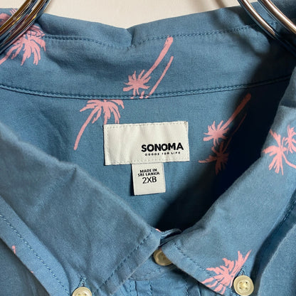 古着 used　SONOMA　半袖総柄デザインシャツ　アロハシャツ　ヤシの木　水色　春夏服　ビッグシルエット　2XLサイズ