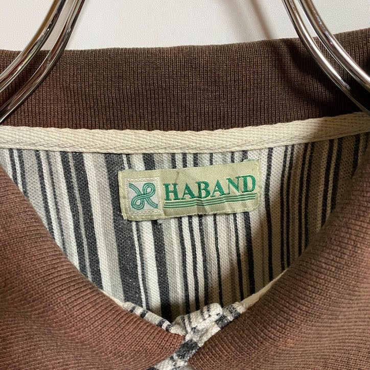 古着 used　HABAND　ハバンド　半袖ストライプ柄デザインポロシャツ　胸ポケット付き　白　黒　茶色　レトロ　春夏服