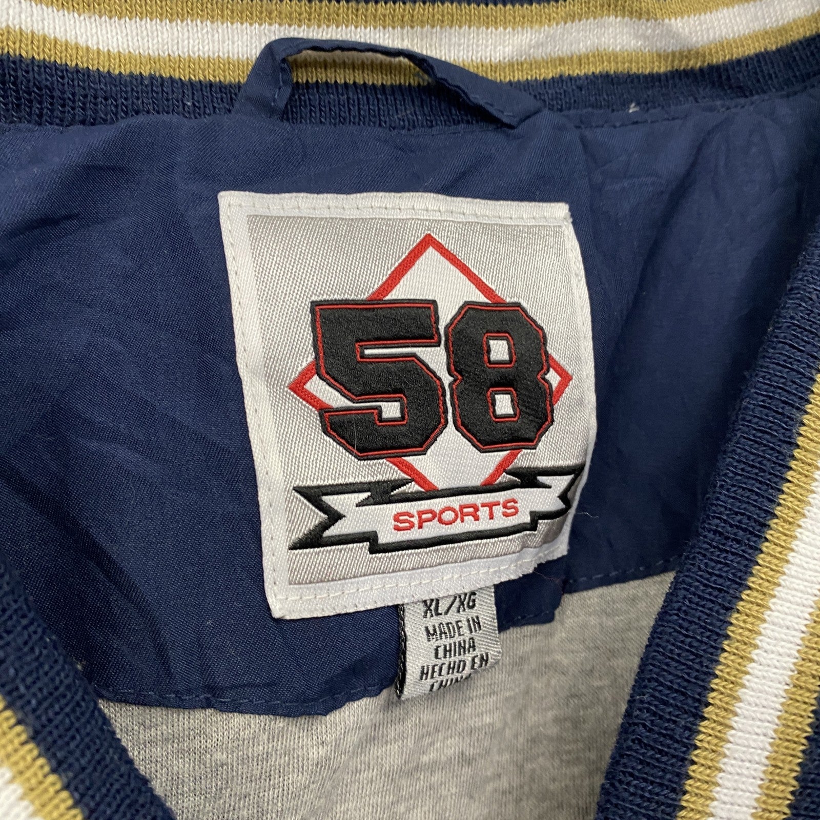 58SPORTS　プルオーバージャケット　Vネック　アニマル　アーチプリント　ワッペン　英字プリント　紺　ネイビー　XLサイズ　古着