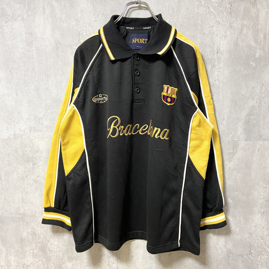 古着　used　FCB　Barcelona バルセロナ　長袖ゲームシャツ　サッカーシャツ　ハーフボタン　黒　黄色　Lサイズ