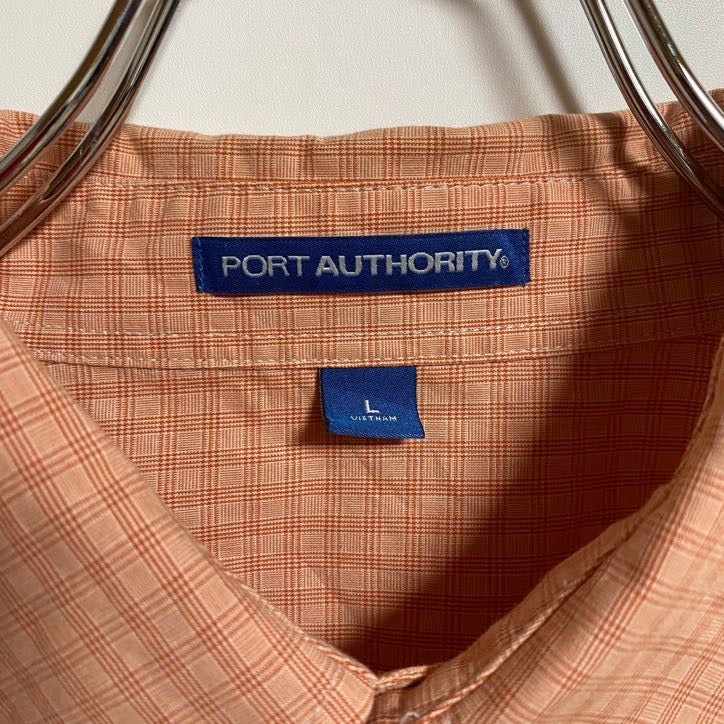 古着 used　PORT AUTHORITY　長袖チェック柄シャツ　ワンポイント刺繍　ライトピンク　レトロ　秋冬服　Lサイズ