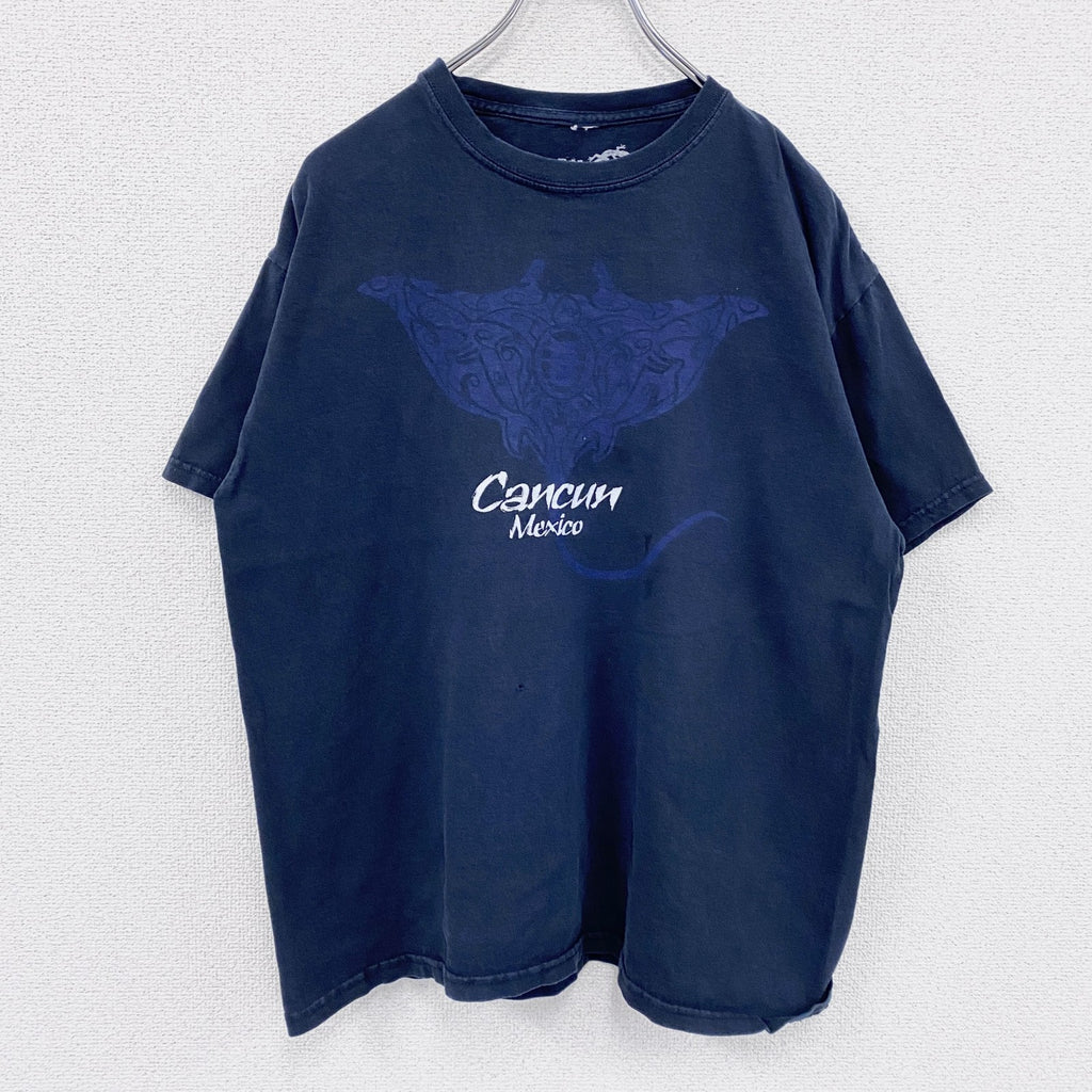 TAN TAN　カンクン　半袖スーベニアプリントTシャツ　紺　ネイビー　Lサイズ　古着