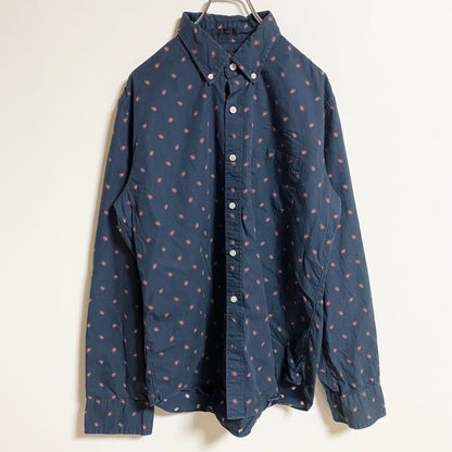 古着 used　J.CREW　ジェイクルー　長袖総柄プリントシャツ　花柄デザイン　ネイビー　レトロ　秋冬服　Lサイズ