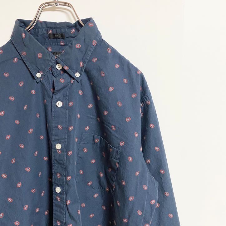 古着 used　J.CREW　ジェイクルー　長袖総柄プリントシャツ　花柄デザイン　ネイビー　レトロ　秋冬服　Lサイズ