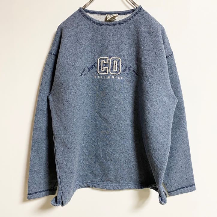 Green Brand Recycled　長袖ロゴ刺繍スウェット　トレーナー　山　ネイビー　紺　秋冬服　Mサイズ　古着