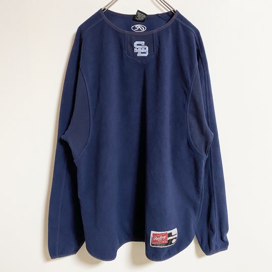 古着 used　Rawlings　長袖ワンポイント刺繍フリース　プルオーバー　ネイビー　レトロ　デザイン　秋冬服　Lサイズ