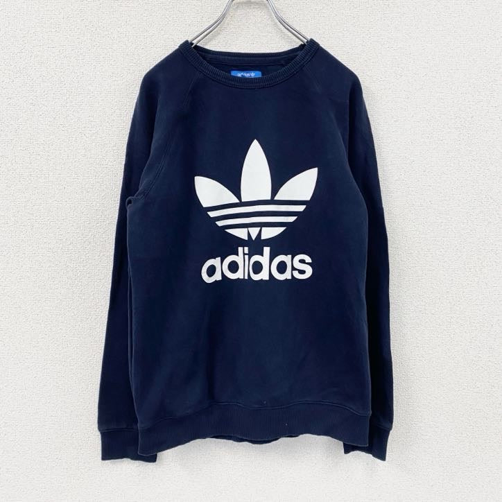 adidas　アディダス　スウェット/トレーナー　ラグランスリーブ　トレフォイルロゴ　デカロゴ　紺　ネイビー　Mサイズ　古着