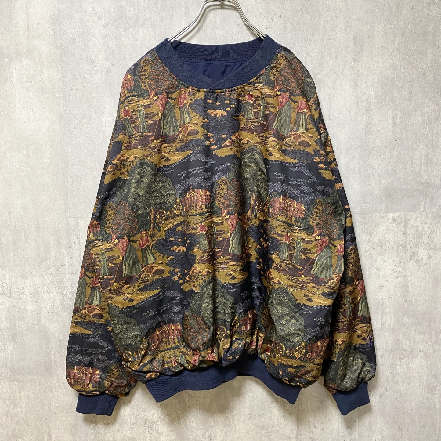 古着 used　長袖総柄ナイロンプルオーバー　デザインブルゾン　ゴルフ　レトロ　ヴィンテージ　派手柄　個性的　秋冬服