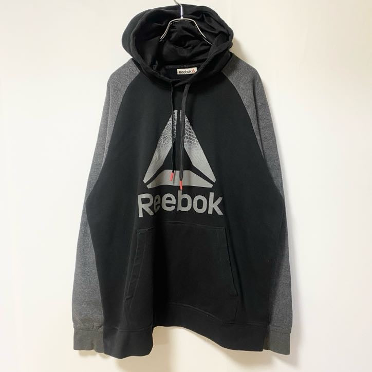 Reebok リーボック　長袖ビッグロゴデザインパーカー　フーディー　バイカラー　黒　ブラック　グレー　灰色　XＬサイズ　古着