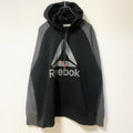 Reebok リーボック　長袖ビッグロゴデザインパーカー　フーディー　バイカラー　黒　ブラック　グレー　灰色　XＬサイズ　古着