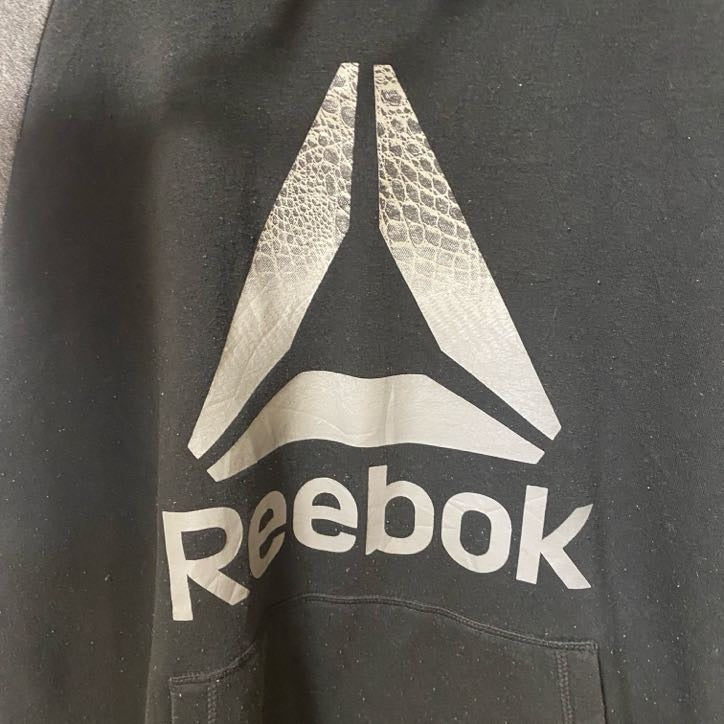 Reebok リーボック　長袖ビッグロゴデザインパーカー　フーディー　バイカラー　黒　ブラック　グレー　灰色　XＬサイズ　古着