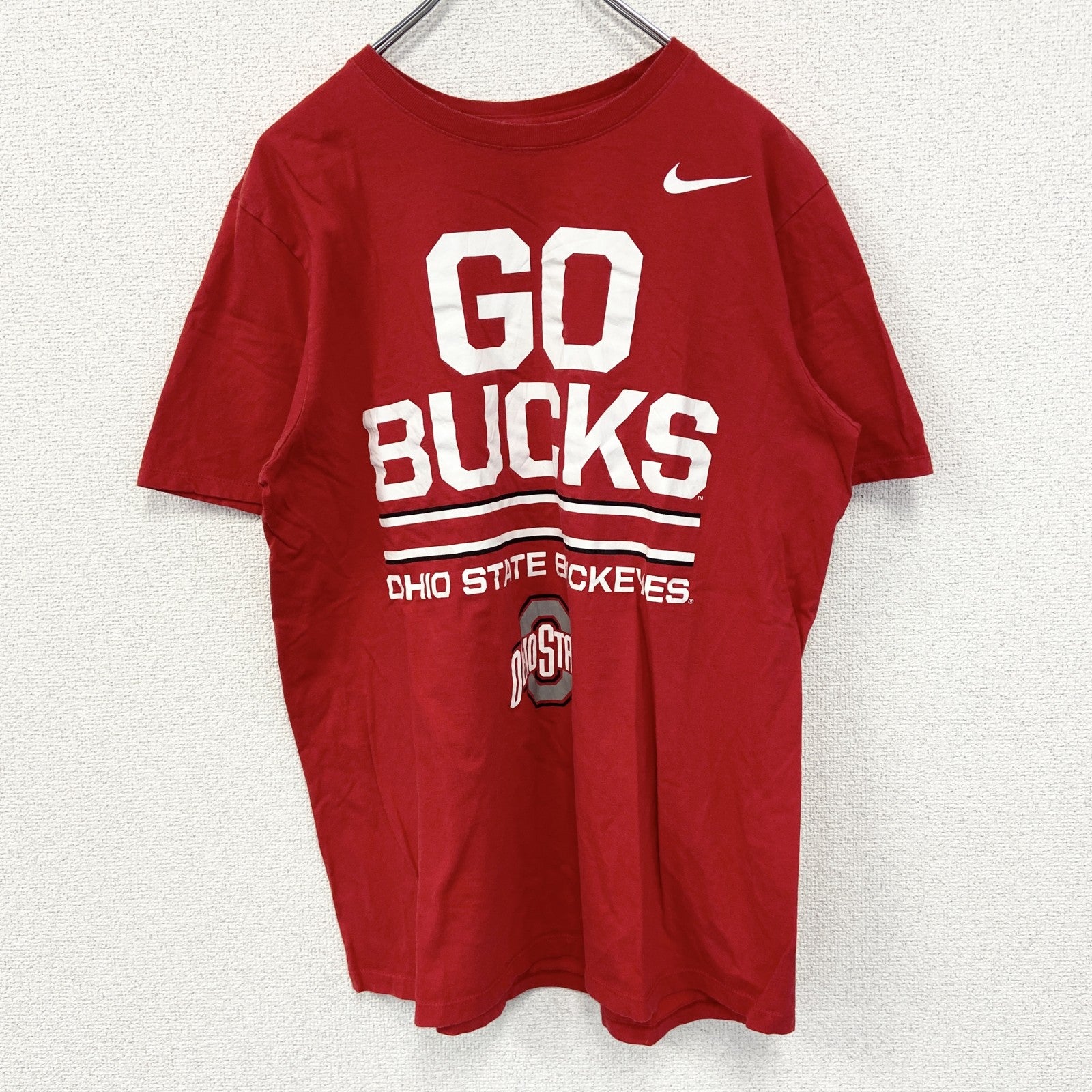 NIKE　ナイキ　半袖カレッジプリントTシャツ　オハイオ州大学　フットボール　スウッシュロゴ　赤　レッド　Lサイズ　古着