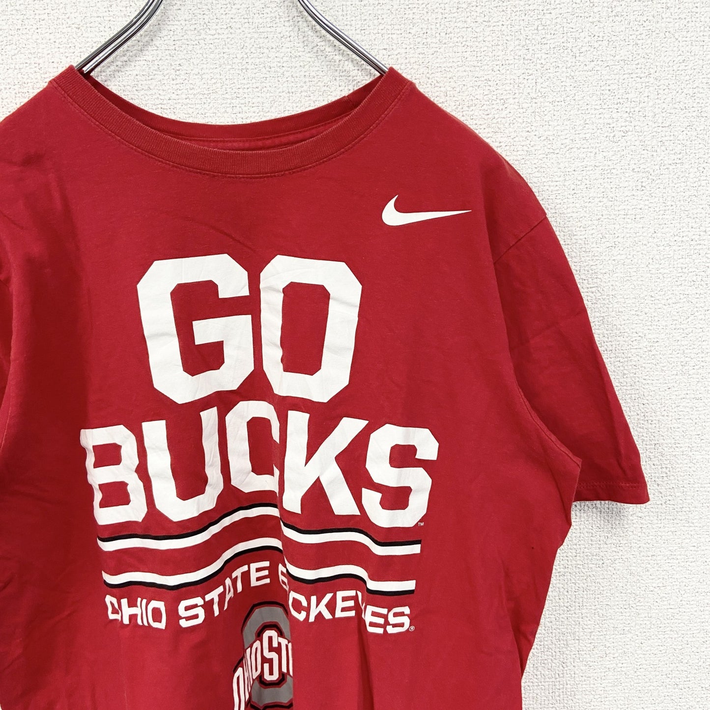 古着　used　NIKE　ナイキ　半袖カレッジプリントTシャツ　オハイオ州大学　フットボール　スウッシュロゴ　クルーネック　赤　Lサイズ