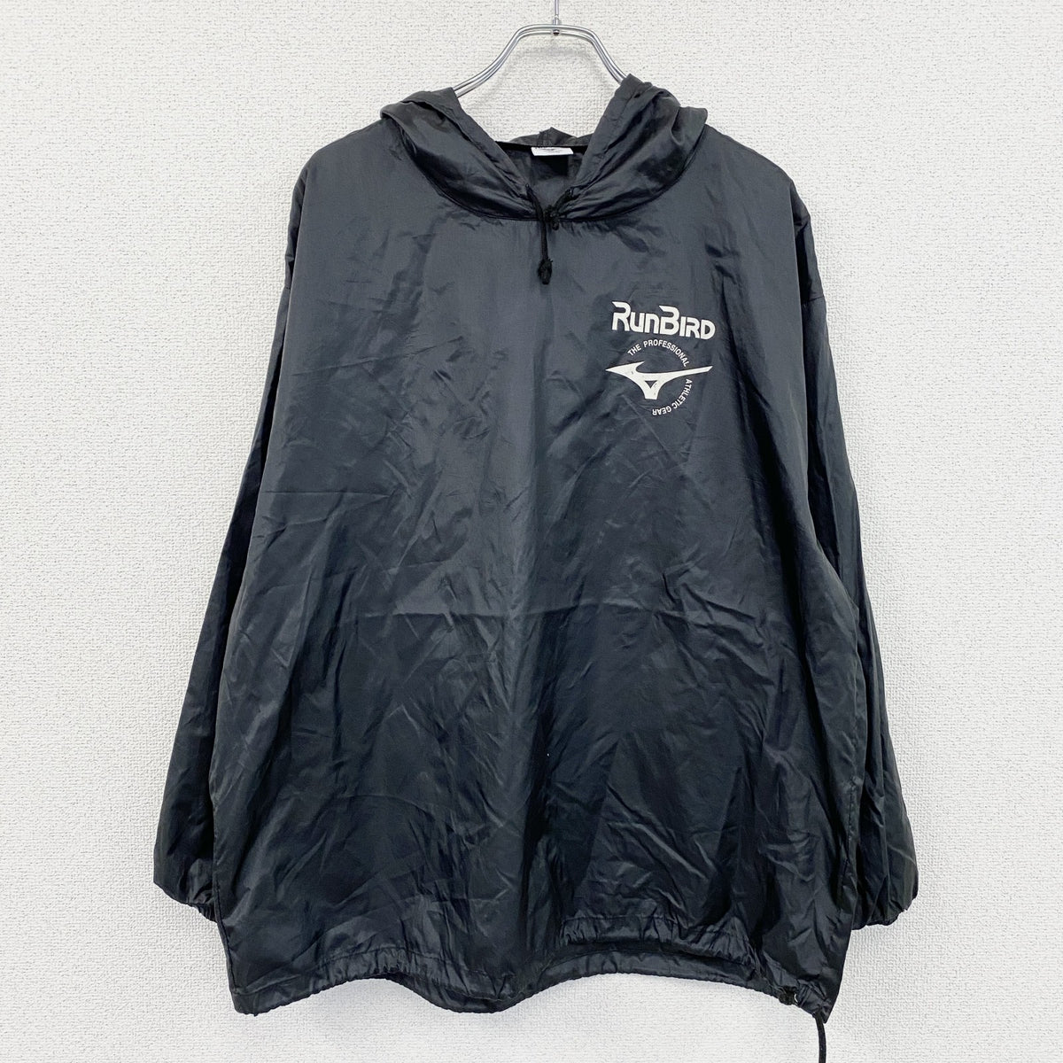MIZUNO　ミズノ　RUNBIRD　ランバード　ナイロンプルオーバージャケット　デカロゴ　黒　ブラック　0サイズ　古着
