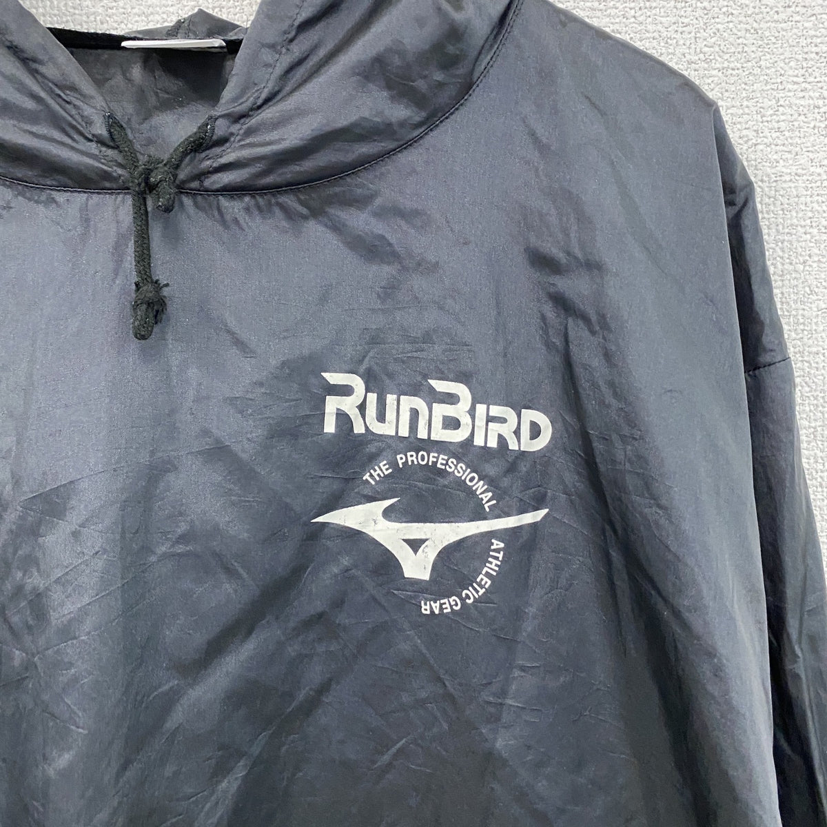 MIZUNO　ミズノ　RUNBIRD　ランバード　ナイロンプルオーバージャケット　デカロゴ　黒　ブラック　0サイズ　古着