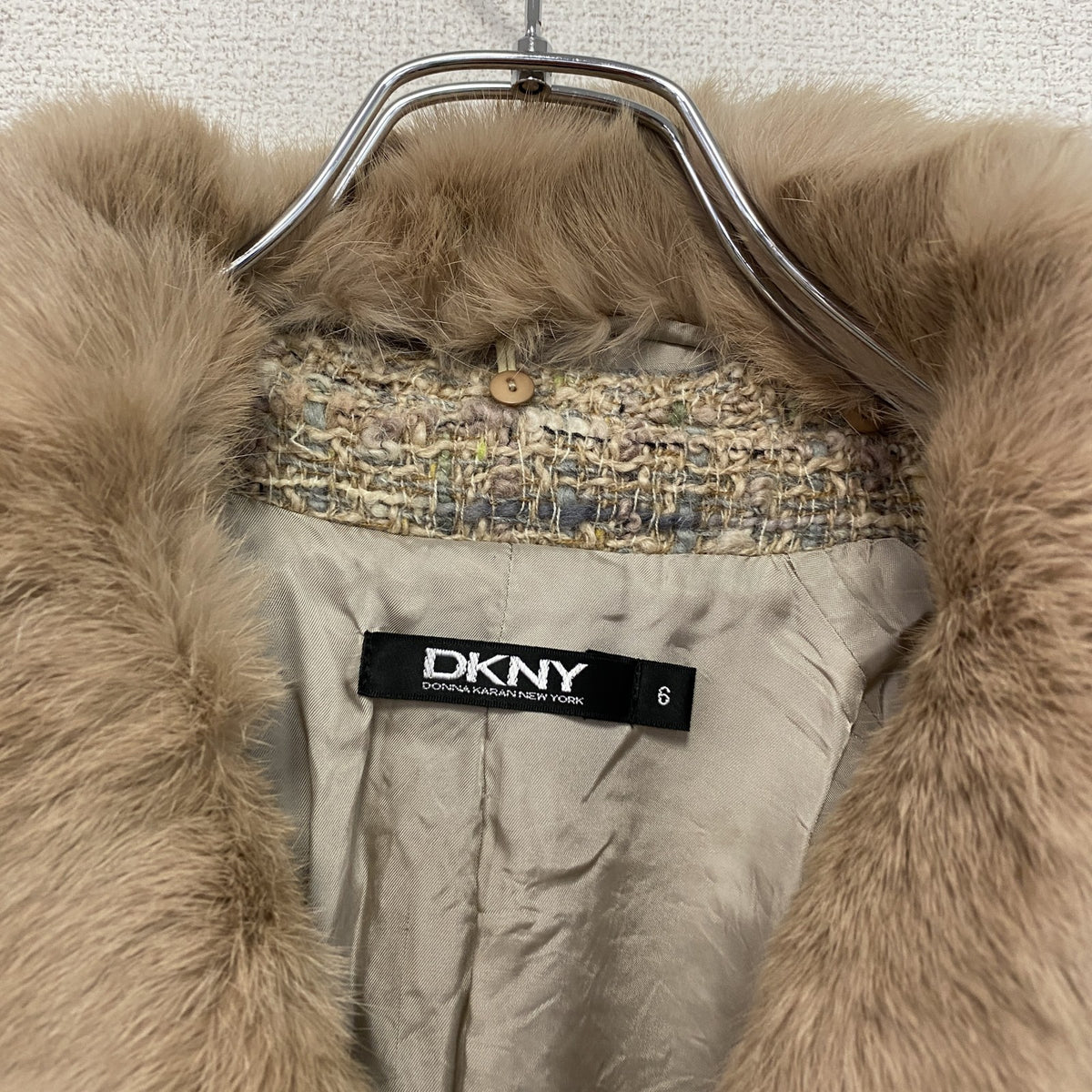 DKNY　ダナキャランニューヨーク　ファー付きツイードロングコート　茶色　ブラウン　6サイズ　古着