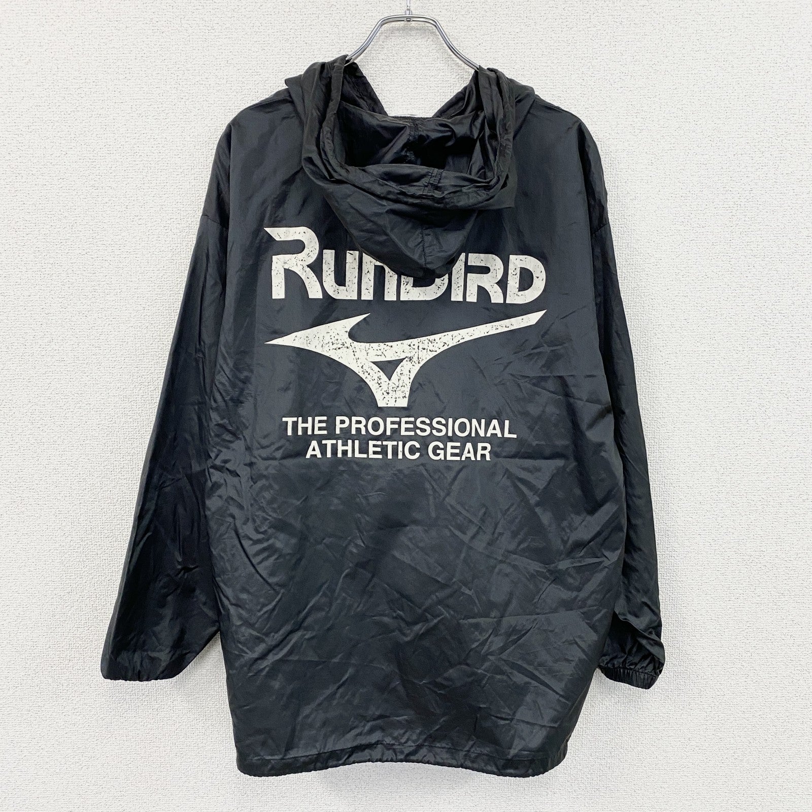 MIZUNO　ミズノ　RUNBIRD　ランバード　ナイロンプルオーバージャケット　デカロゴ　黒　ブラック　0サイズ　古着