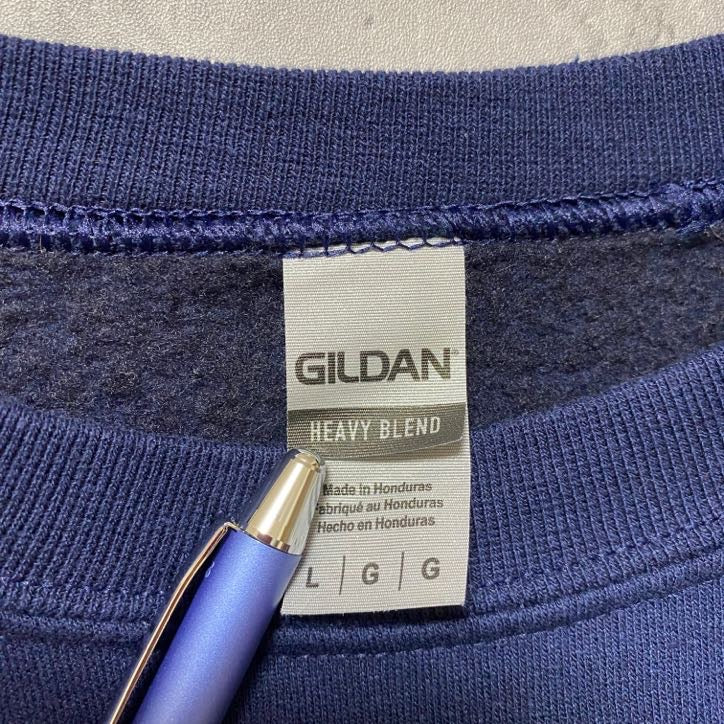 古着 used　GILDAN　ギルダン　長袖プリントスウェット　トレーナー　TRUMP　ネイビー　レトロ　クルーネック　Lサイズ