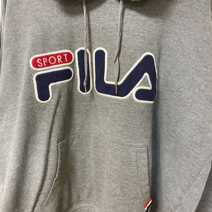 FILA　フィラ　スウェットパーカー/フーディー　ワッペン　デカロゴ　灰色　グレー　Ｌサイズ　古着
