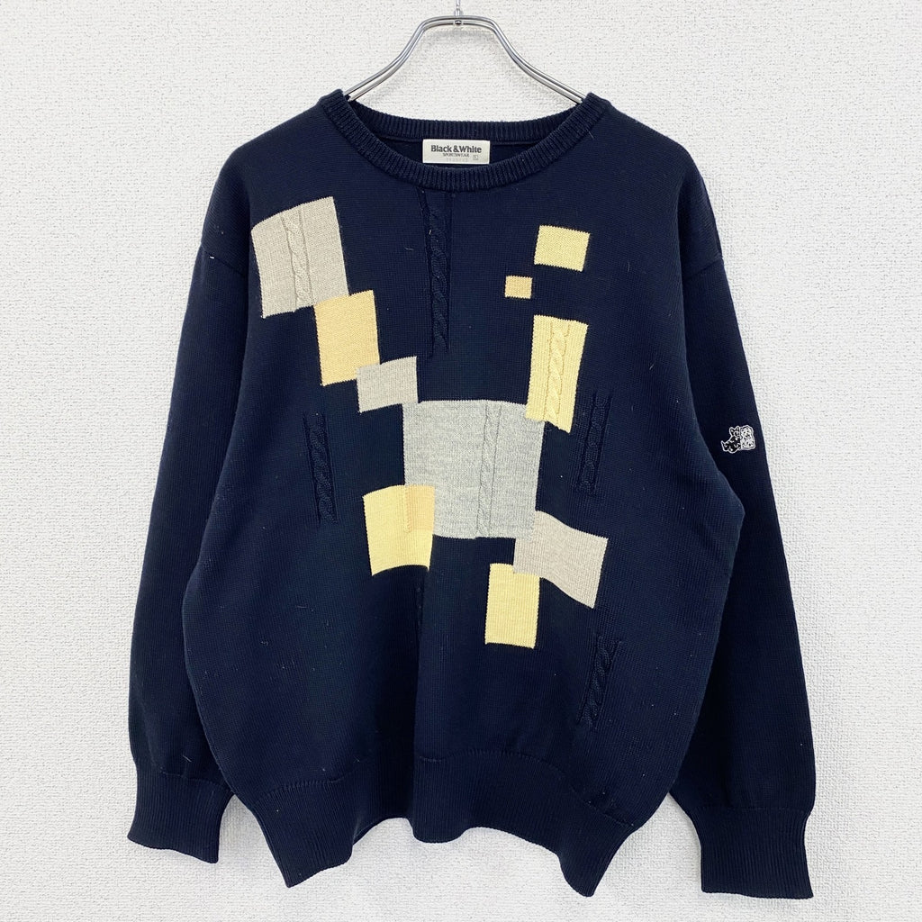 Black＆White　ブラック＆ホワイト　ウールニットセーター　ブロック柄　紺　ネイビー　Lサイズ メンズ 古着