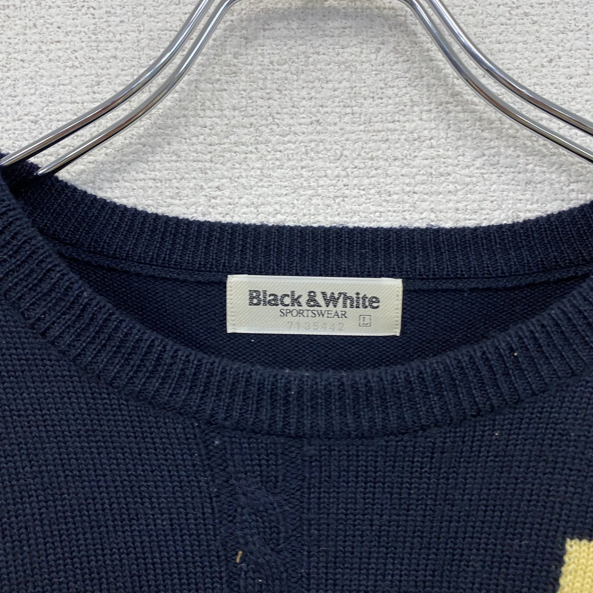 Black＆White　ブラック＆ホワイト　ウールニットセーター　ブロック柄　紺　ネイビー　Lサイズ メンズ 古着