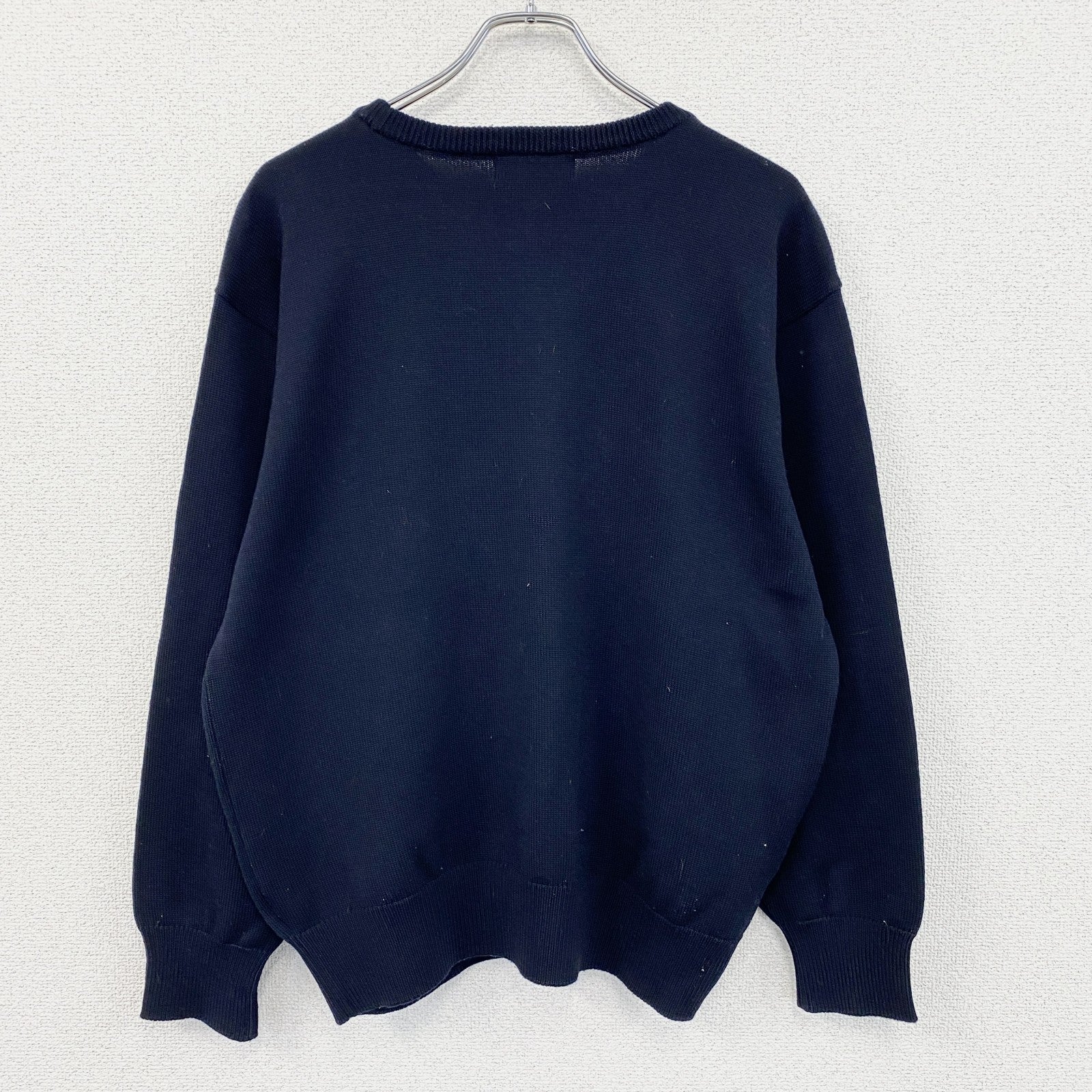 Black＆White　ブラック＆ホワイト　ウールニットセーター　ブロック柄　紺　ネイビー　Lサイズ メンズ 古着