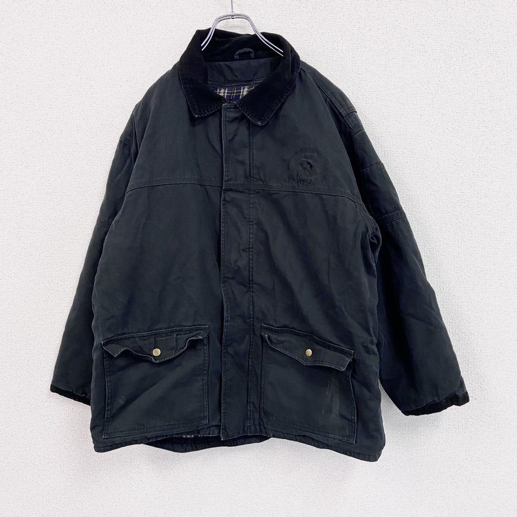 WEARHOUSEDEPOT　フルジップダックジャケット　コーデュロイカラー　チェックライナー　比翼仕立て　刺繍ロゴ　黒　ブラック　古着