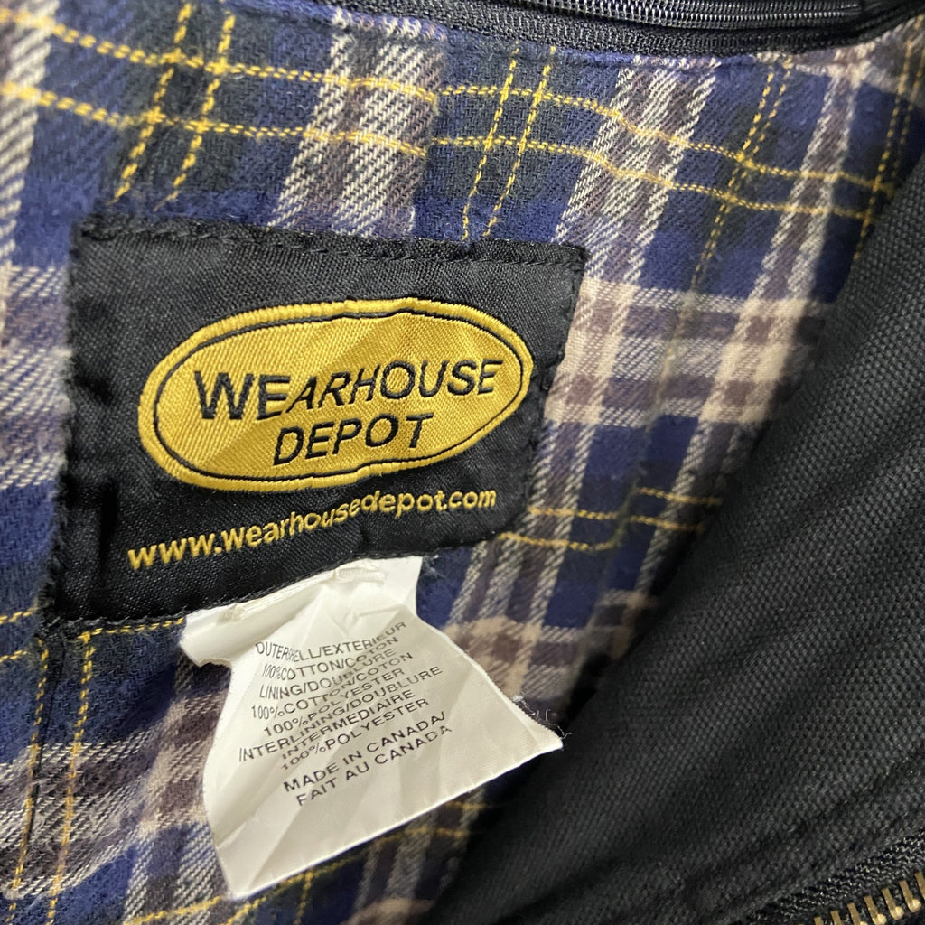 WEARHOUSEDEPOT　フルジップダックジャケット　コーデュロイカラー　チェックライナー　比翼仕立て　刺繍ロゴ　黒　ブラック　古着