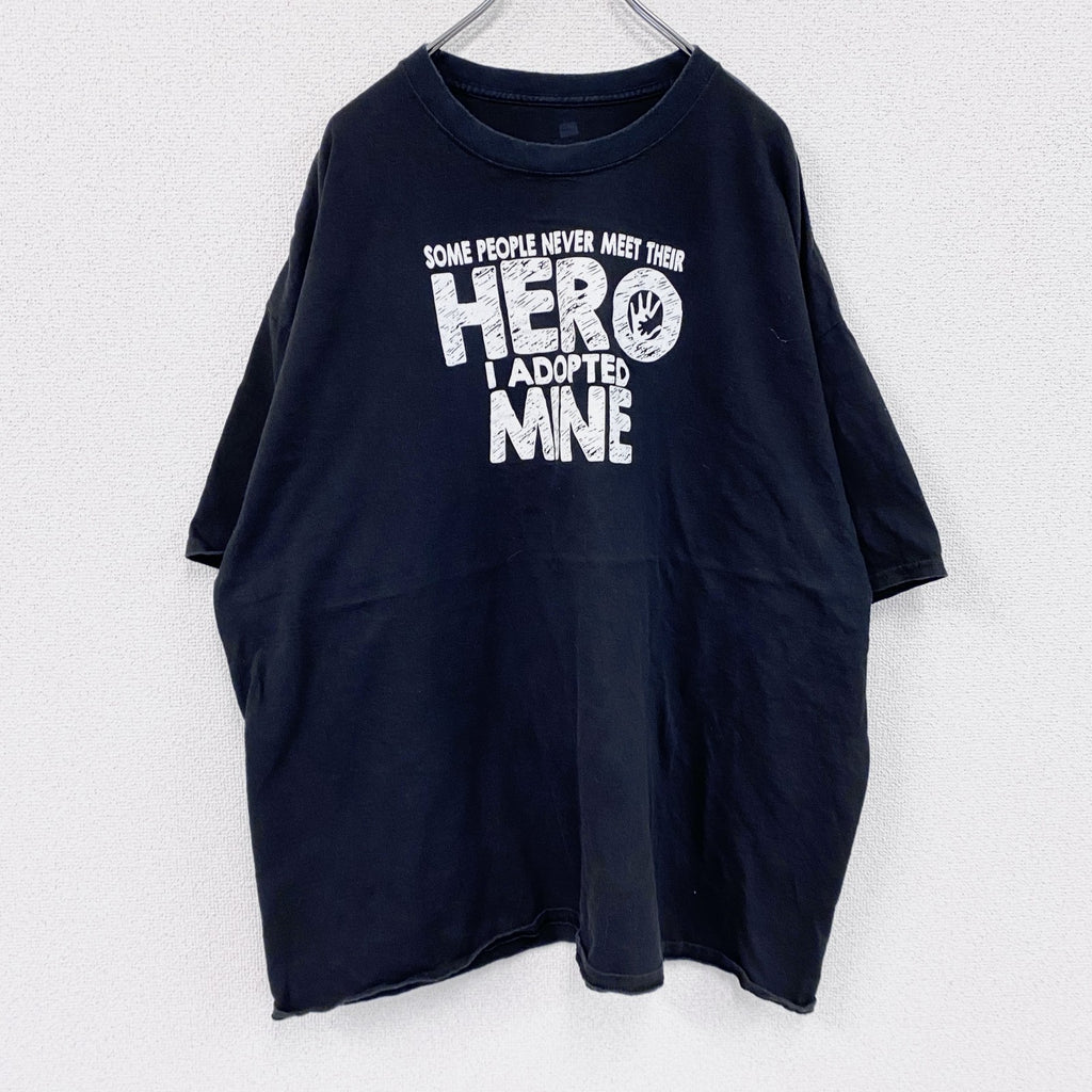 Hanes　ヘインズ　半袖プリントTシャツ　4連プリント　英字プリント　SUPER HERO　黒　ブラック　古着
