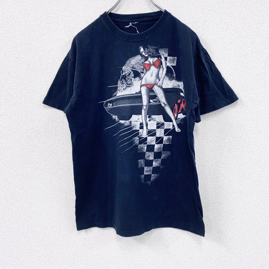 半袖プリントTシャツ　女性　クラシックカー　黒　ブラック　