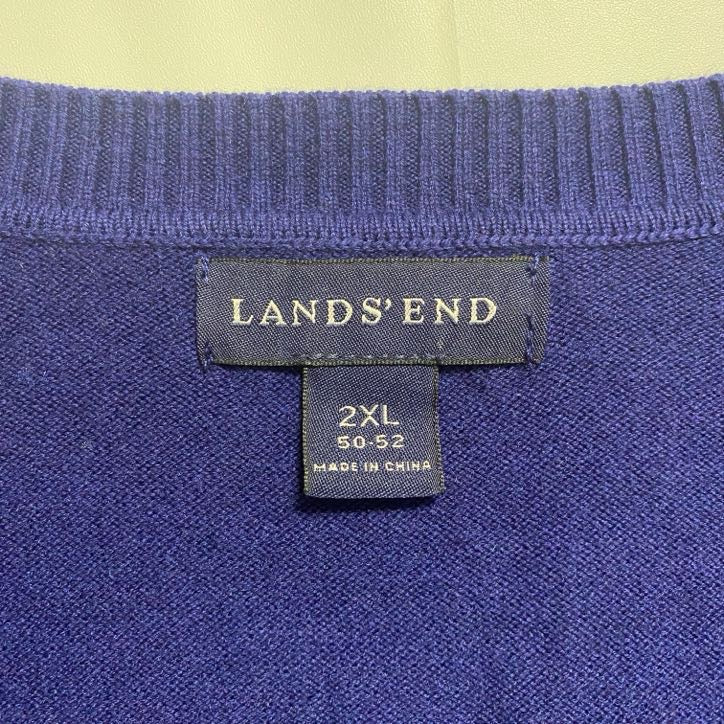 古着 used　LANDS'END　Vネック無地ニットベスト　ノースリーブ薄手セーター　ネイビー　ビッグシルエット　XLサイズ