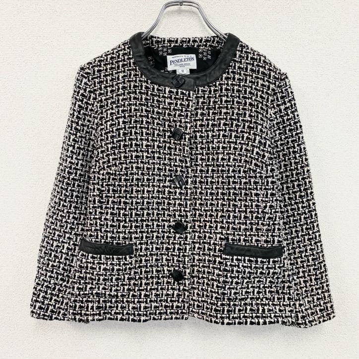 ～00s　PENDELTON　ペンドルトン　ノーカラーツイードジャケット　レザー切替　シルク95％　モノクロ　古着