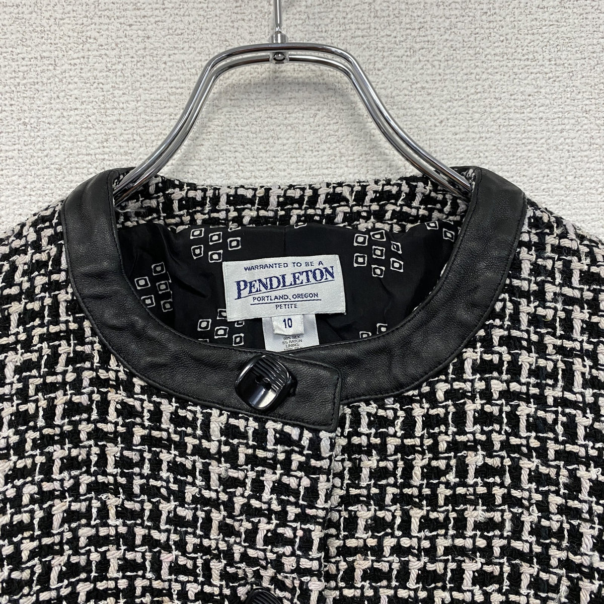 ～00s　PENDELTON　ペンドルトン　ノーカラーツイードジャケット　レザー切替　シルク95％　モノクロ　古着