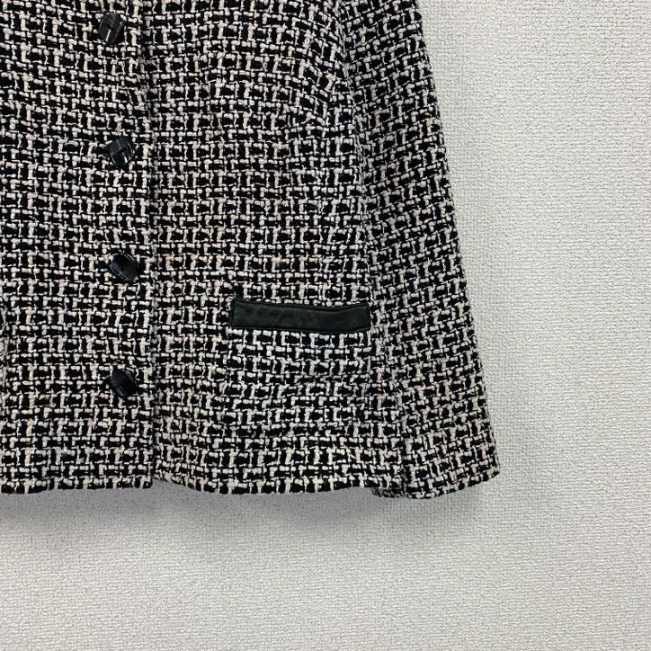～00s　PENDELTON　ペンドルトン　ノーカラーツイードジャケット　レザー切替　シルク95％　モノクロ　古着