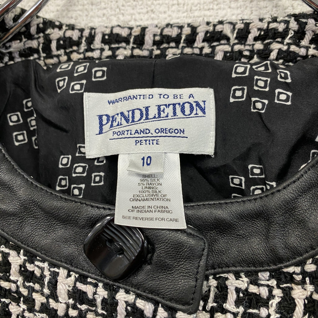 ～00s　PENDELTON　ペンドルトン　ノーカラーツイードジャケット　レザー切替　シルク95％　モノクロ　古着