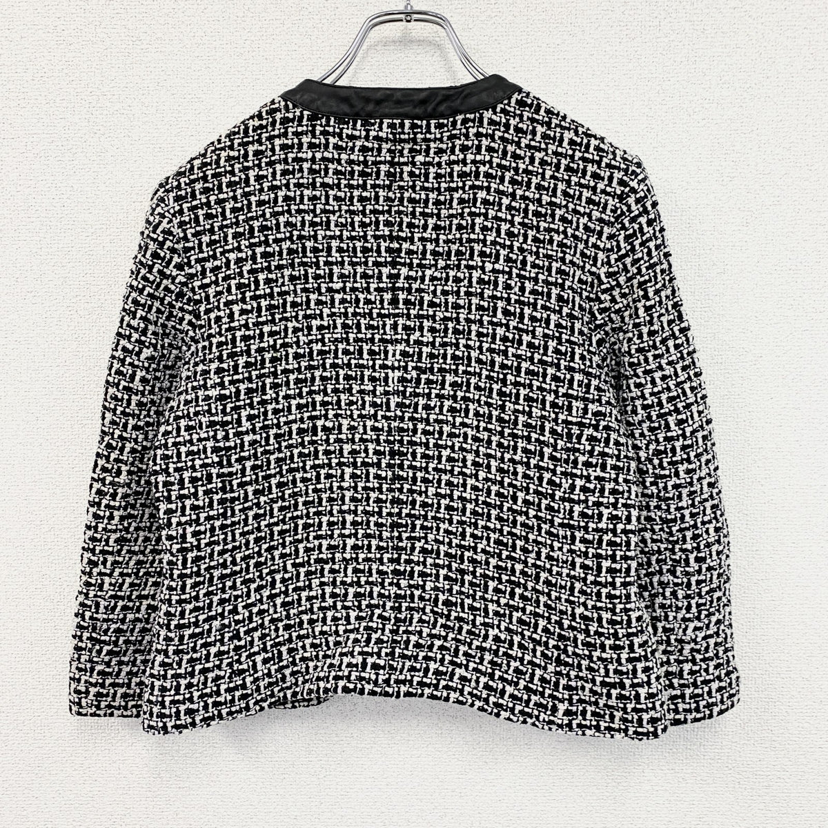 ～00s　PENDELTON　ペンドルトン　ノーカラーツイードジャケット　レザー切替　シルク95％　モノクロ　古着