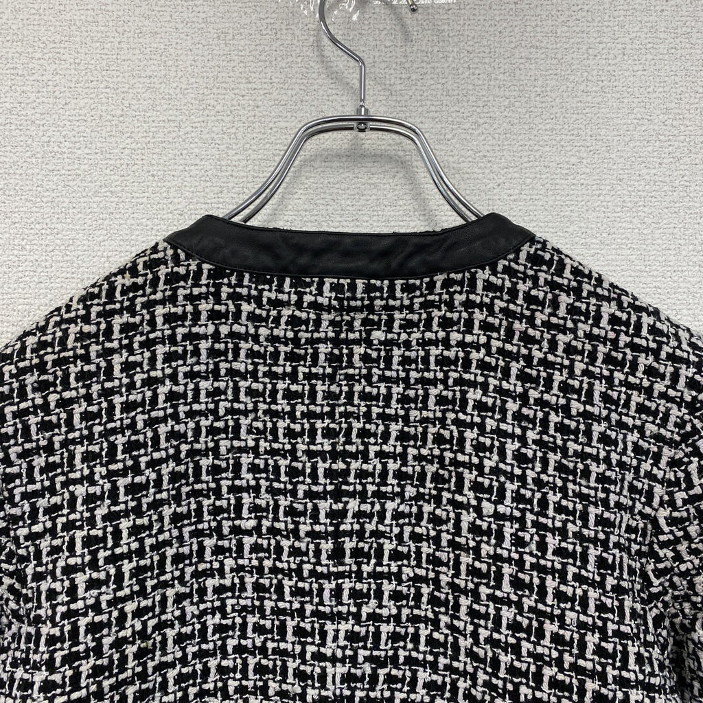 ～00s　PENDELTON　ペンドルトン　ノーカラーツイードジャケット　レザー切替　シルク95％　モノクロ　古着