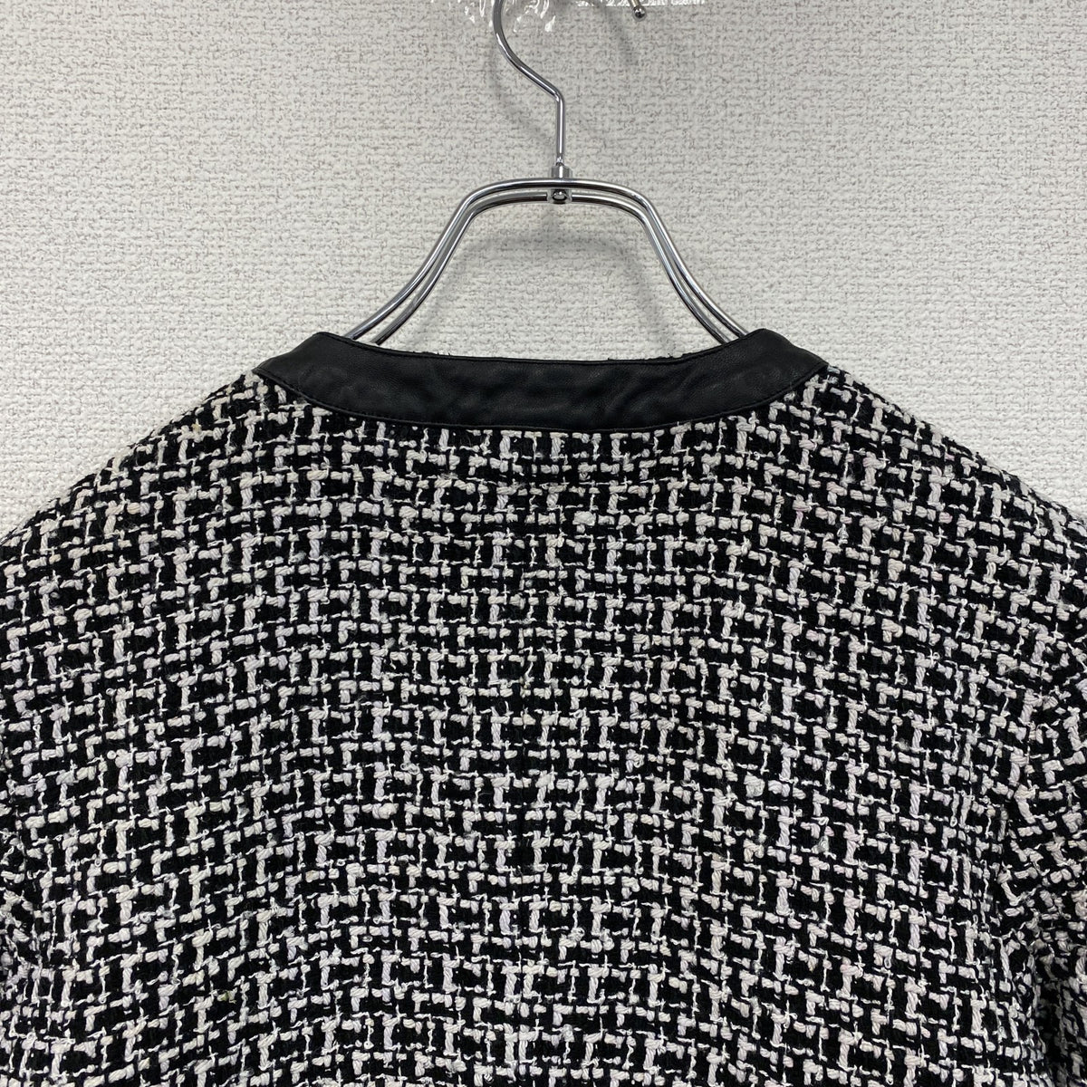 ～00s　PENDELTON　ペンドルトン　ノーカラーツイードジャケット　レザー切替　シルク95％　モノクロ　古着