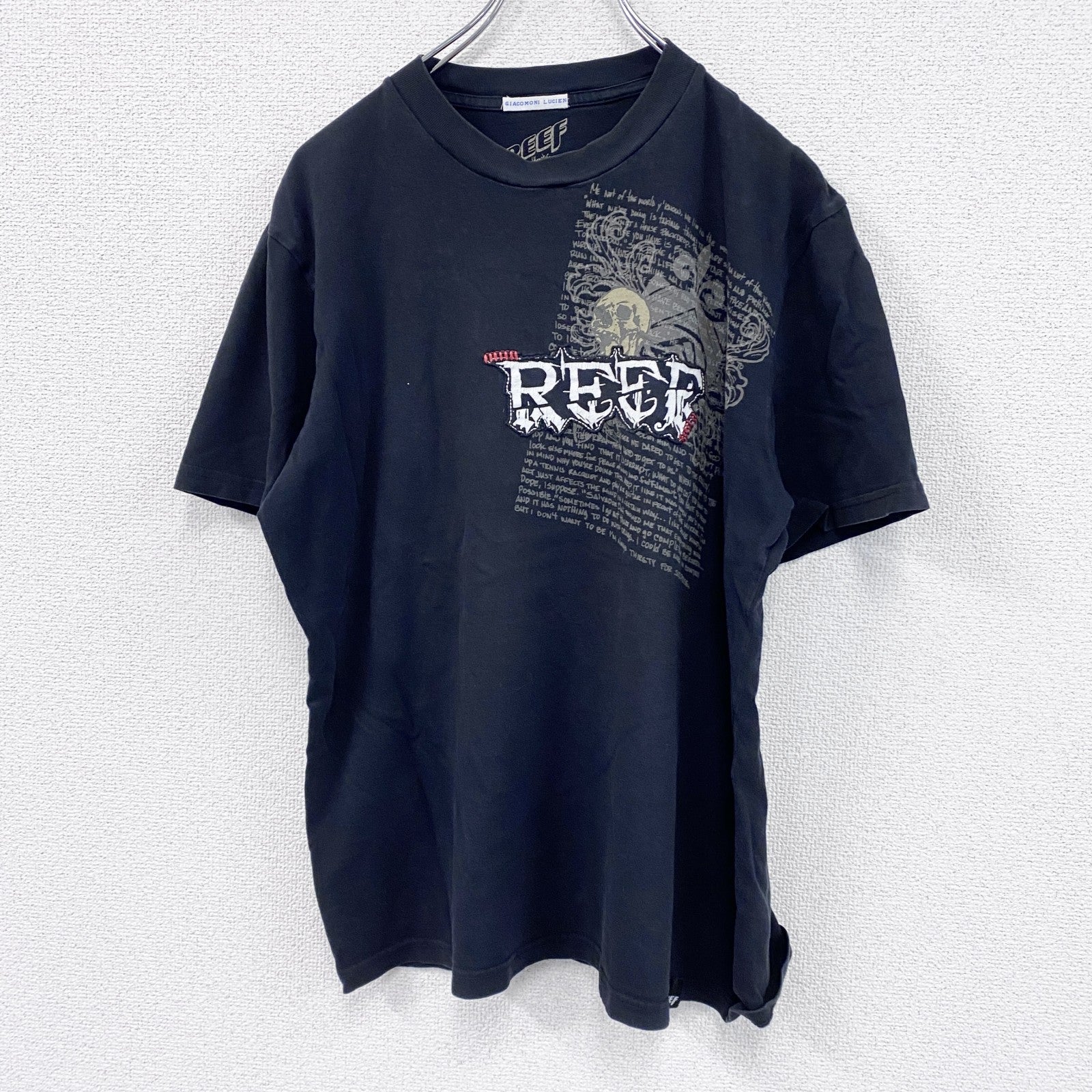 GIACOMONI LUCIEN　REEF　半袖プリントTシャツ　スカル　骸骨　英字プリント　クルーネック　黒　ブラック　XLサイズ　古着