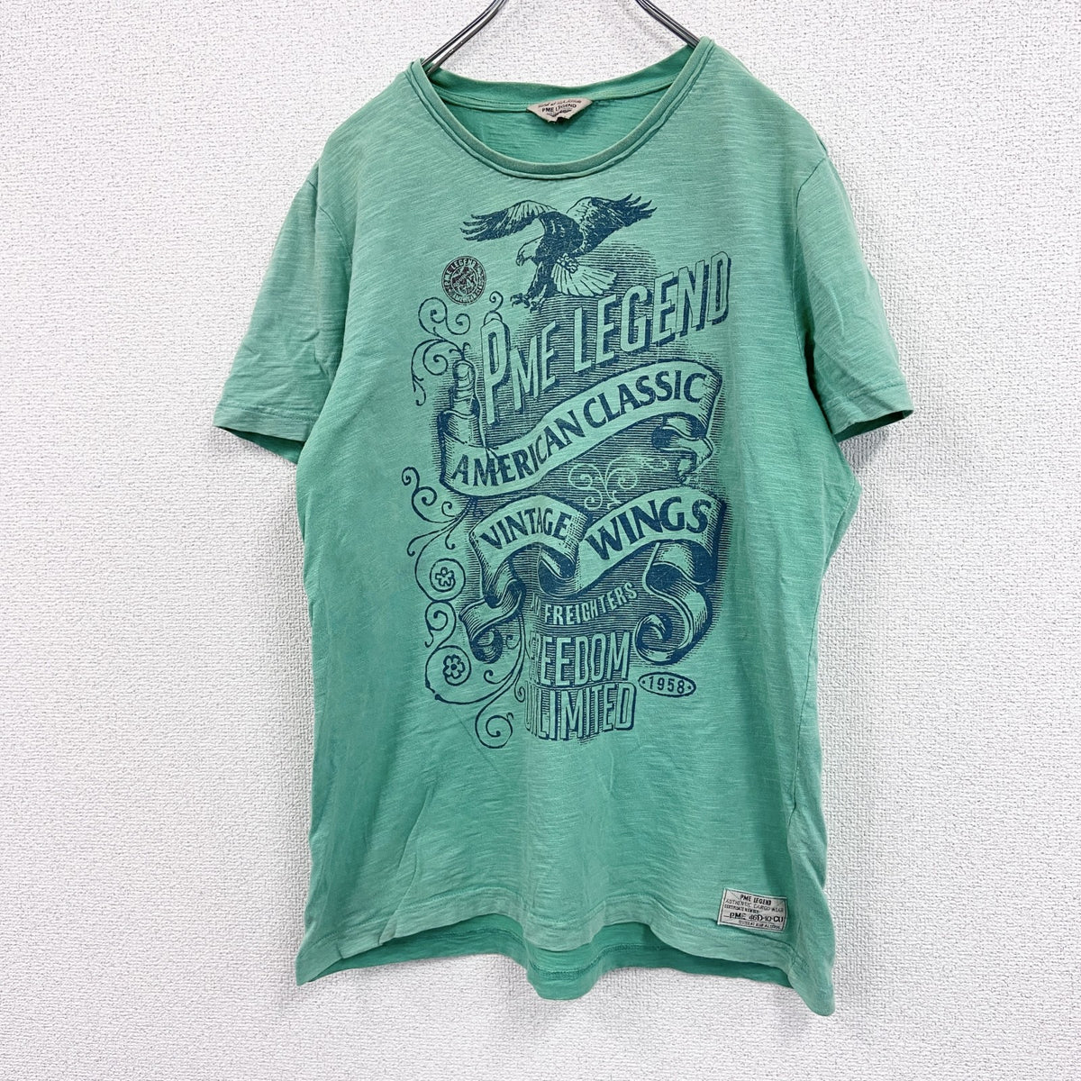 PME LEGEND　半袖プリントアニマルTシャツ　アーチプリント　英字プリント　鷹　三角タグ　緑　グリーン　Lサイズ　古着