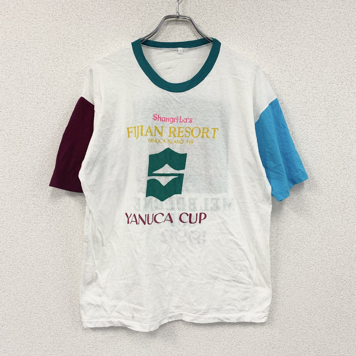 90s　半袖リンガーTシャツ　アニマルT　シングルステッチ　YANUCA CUP　ヴィンテージ　マルチカラー　Lサイズ　古着
