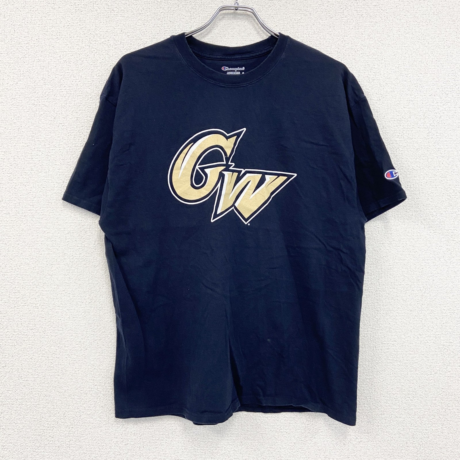 Champion　チャンピオン　半袖プリントTシャツ　デカロゴ　刺繍ロゴ　現行　紺　ネイビー　XLサイズ　古着