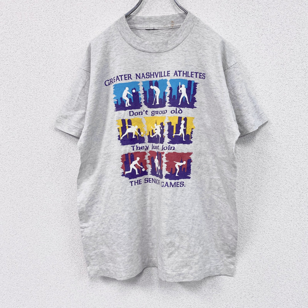 ～90s　半袖プリントTシャツ　シングルステッチ　ヴィンテージ　スポーツ　灰色　グレー　古着